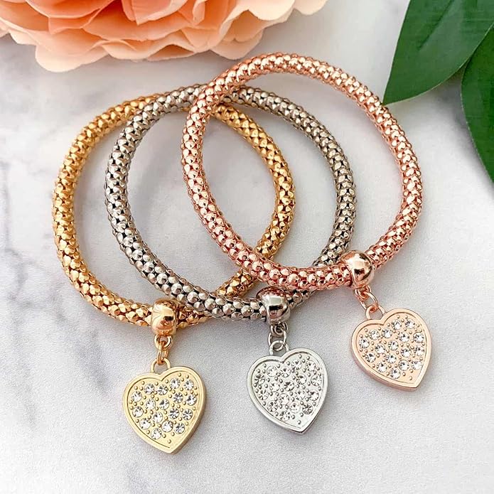 Crystal Charms Multilayer Bracelets - 3PCS Gold/Silver/Rose Gold Corn Chain Bracelet for Women, Tree of Life Heart Shaped Stretch Bracelet