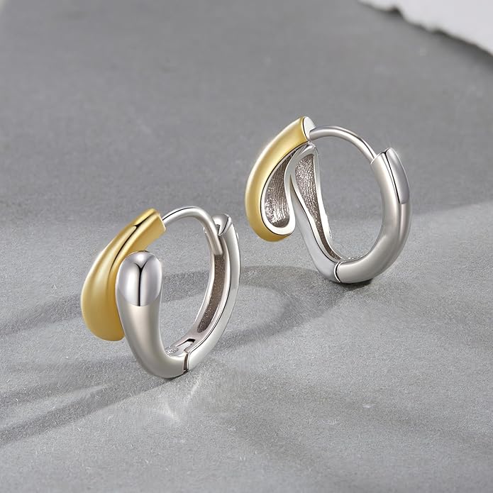 WOSTU 14K Gold Plated Two-Tone Oval Hoop Earrings for Women, Water Drop Design Lightweight Huggie Earrings,925 Sterling Silver Posts Double Drop Chunky Hoops Hypoallergenic Ear Buckles