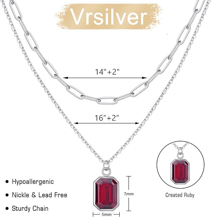 Layered Birthstone Necklace for Women Girls, 14K Gold-Plated Paperclip Chain Choker Necklace with Rectangle Birthstone Pendant Birthday Gifts for Women Girls Dainty Small