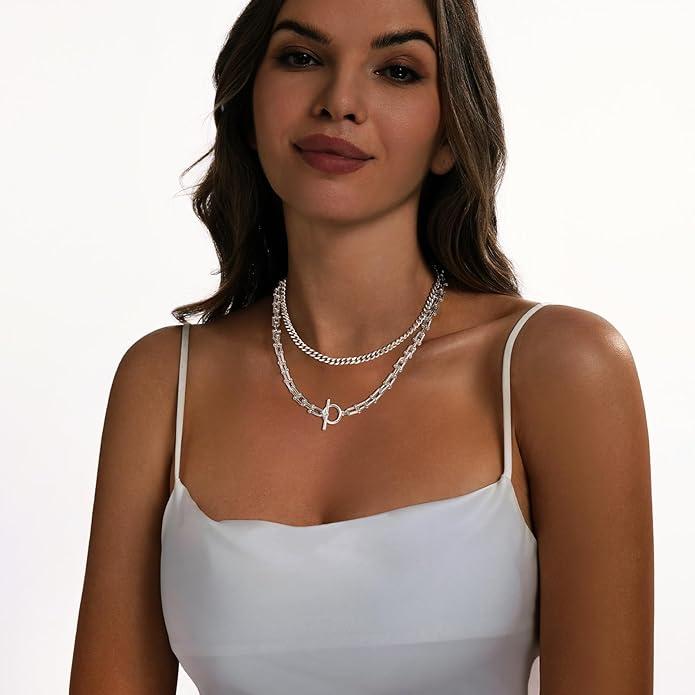 Gold Necklace for Women Layered 14k Plated Tendy Chunky Gold Necklace Cuban Link Choker Paperclip Chain Stackable OT Toggle Clasp Hypoallergenic Fashion Chunky Statement Jewelry Gifts for Women