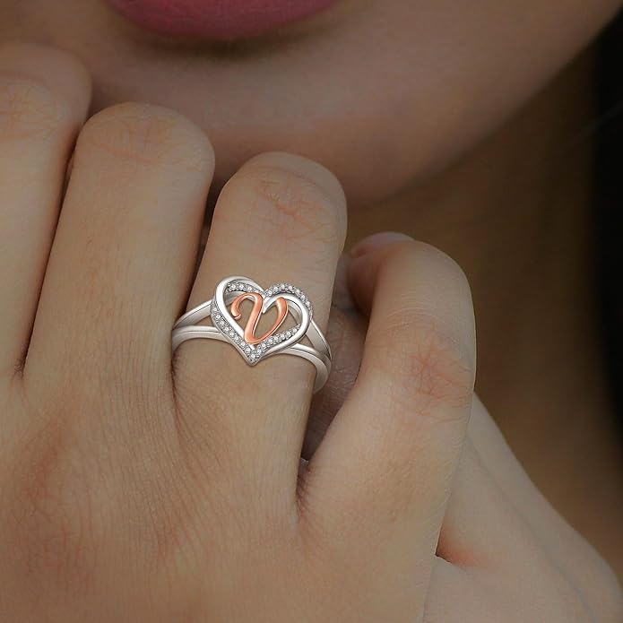 INFUSEU 925 Sterling Silver Initial Heart Ring for Women Girls, Adjustable Size