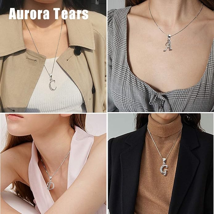 Aurora Tears Letter Necklace Initial 925 Sterling Silver Alphabet Pendant Crystal Name Gift Women Cubic Zirconia Jewelry