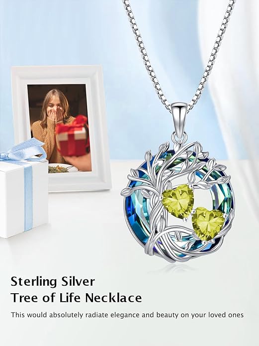 TOUPOP s925 Sterling Silver Family Celtic Tree of Life Pendant Necklaces with 2 Heart Birthstone with Blue Austrian Crystal Jewelry Birthday Valentines Day Gifts for Her, Anniversary Christmas Gifts for Wife Girlfriend Mom (18K Real White Gold Filled)