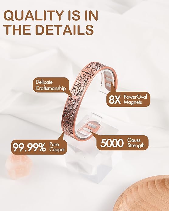 Feraco Copper Bracelet for Men, 5X Ultra Strength Magnetic Cuff Bangle with 5000 Gauss Neodymium Magnets, 99.99% Pure Copper Jewelry Gift, Adjustable