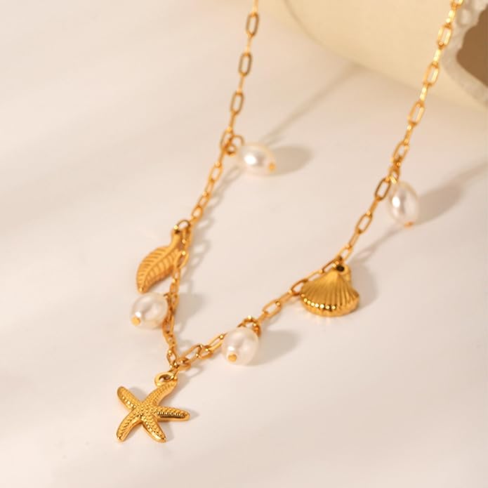 Gold Sea Shell Necklace Layered Charm Necklace for Women Boho Summer Seashell Beach Starfish Necklaces 14k Pearl Chain Surfer Jewelry Beach Vacation Essentials