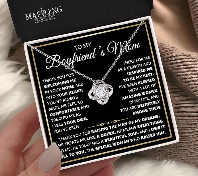 To My Boyfriend's Mom Love Knot Necklace, Elegant Jewelry Gift From Girlfriend, Meaningful Mothers Day Surprise, Birthday Christmas Keepsake With Heartfelt Message