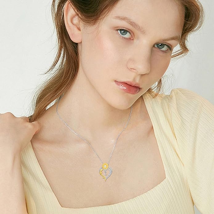 Initial Necklace 925 Sterling Silver Sunflower Heart Letter Pendant Alphabet Anniversary Birthday Jewelry Gifts for Women Mom Girlfriend Wife Her