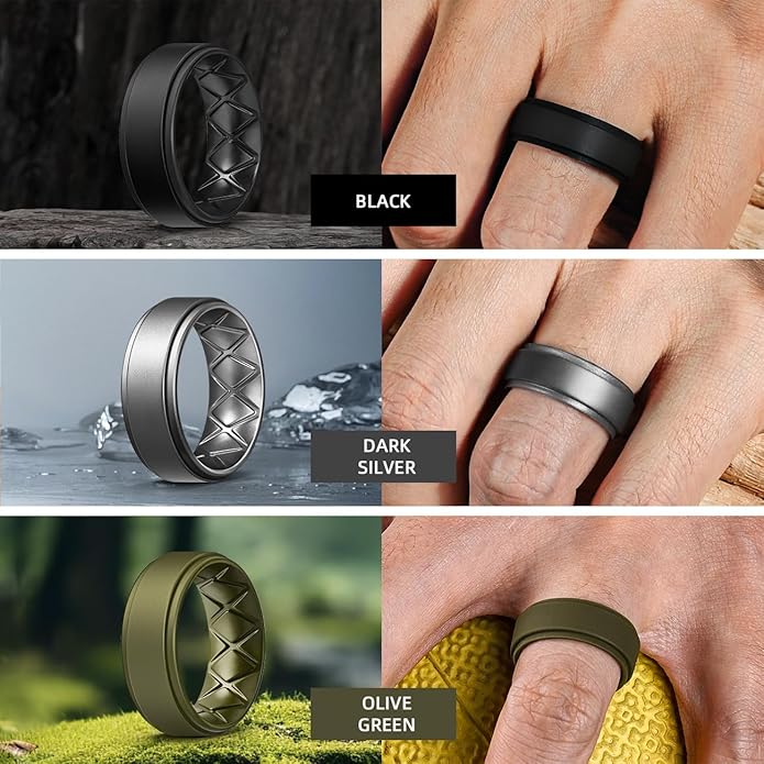 Egnaro Silicone Rings for Men 1/4/5/6/7 Multipack of Breathable Mens Silicone Rubber Wedding Rings Bands - Step Edge