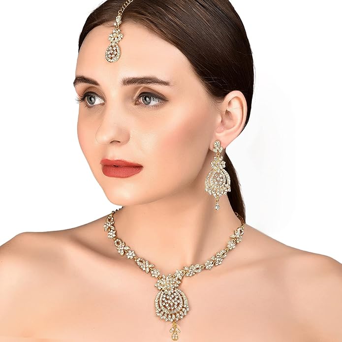 Touchstone Indian jewelry sets for women maang tikka wedding guest gold necklace bollywood jewellery set pageant elegant prom bride accessories western crystal chunky rhinestone necklaces