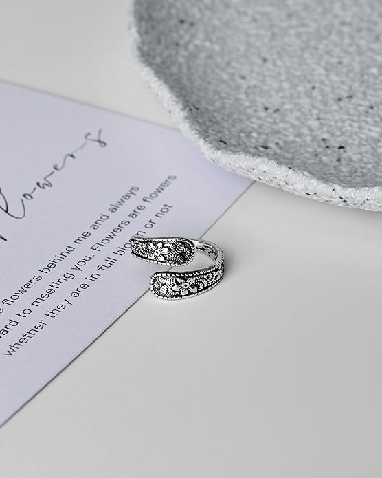 Vintage 14K Gold Plated and Silver Spoon Ring – Adjustable Ring with Carving Design for Women, Unique Boho Open Ring for Gift