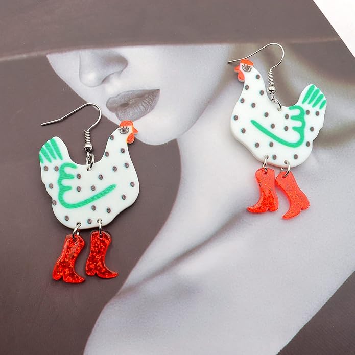Acrylic Boot Big Chicken Earrings,Funny Colorful Boots Chicken Drop Dangle Earrings,Cock Hen Foot Chicken Earrings for Women Farm Design Lovely Gift
