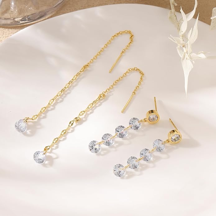 Dangle Earrings For Women Trendy 14K Gold Plated Drop Silver Long Dangling Dainty CZ Simple Hanging Jewelry