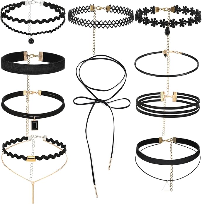 cobee 10 Pcs Gothic Choker Necklace For Women, Black Lace Chokers Adjustable Collar, Charm Stretch Necklaces Clothes Accessories