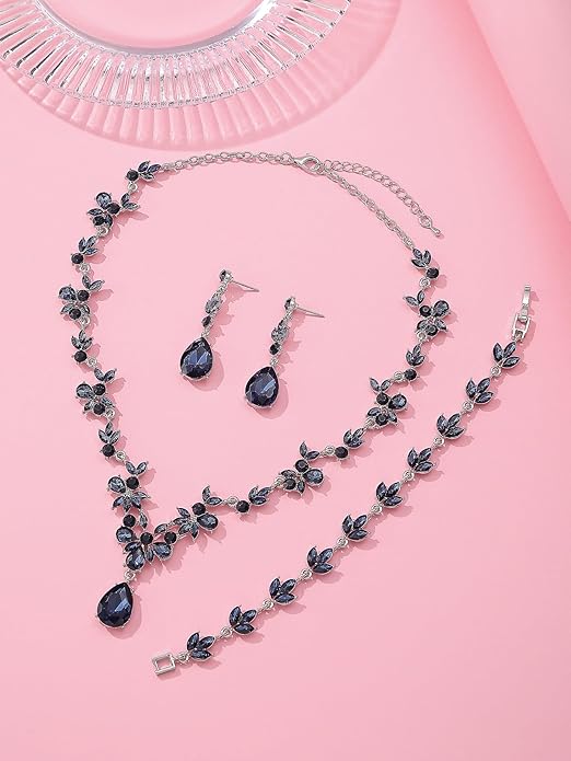 Bridal Wedding Elegant Floral Jewelry Set for Women/Brides/Bridesmaids Crystal Jewelry Set for Wedding Prom Party Bridal Crystal Necklace Earrings Bracelet Set