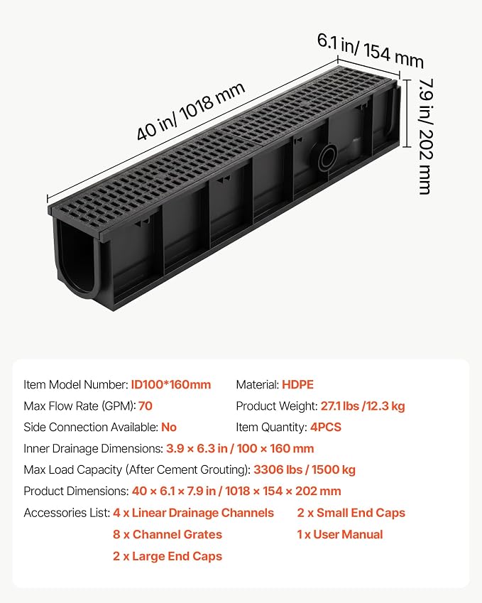VEVOR Trench Drain, 40.1 x 6.1 x 7.9 in, 4 Pack Linear Drainage Channel - Image 7