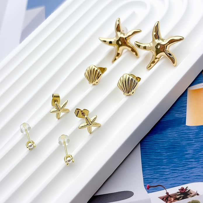 14K Gold Plated Shell Starfish Dainty Pearl Earrings for Women Trendy 4 Pairs Summer Beach Vacation Earrings for Women Ocean Jewelry Valentine's Jewelry Gifts