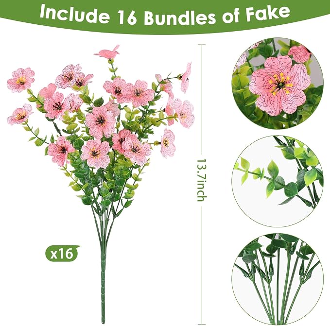 16PCS Artificial Pink Flowers for Outdoors, Fake Silk Pink Flowers | for - Image 2