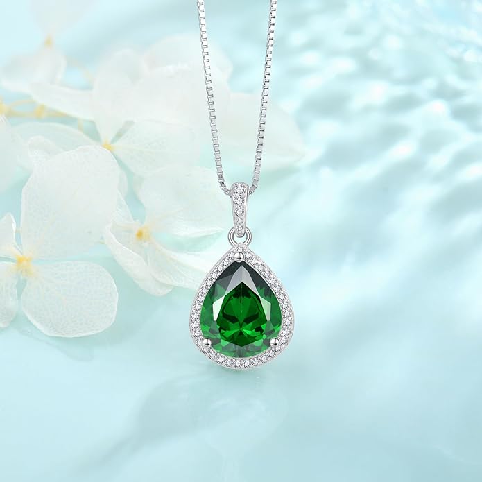 FJ Teardrop Jewelry Set for Women 925 Sterling Silver Emerald Necklace and Earrings Set Pear Cut May Birthstone Jewelry Gifts