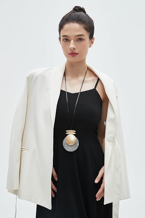 GelConnie Leather Necklace for Women Large Pendant Long Brown Necklace Circle Leather Choker Vintage Sweater Necklace Gold Chunky Boho Necklaces for Women