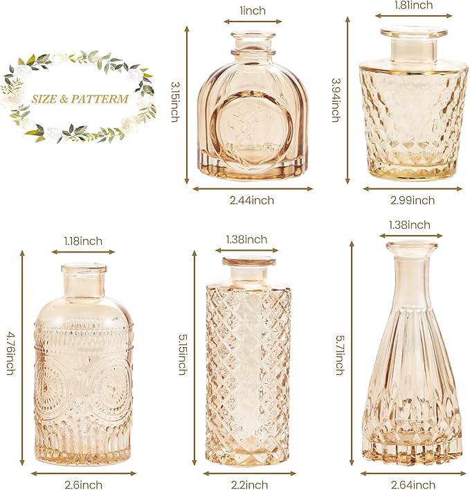UPBUD Amber Gold Glass Bud Vases Set of 5, Small Vases - Image 6