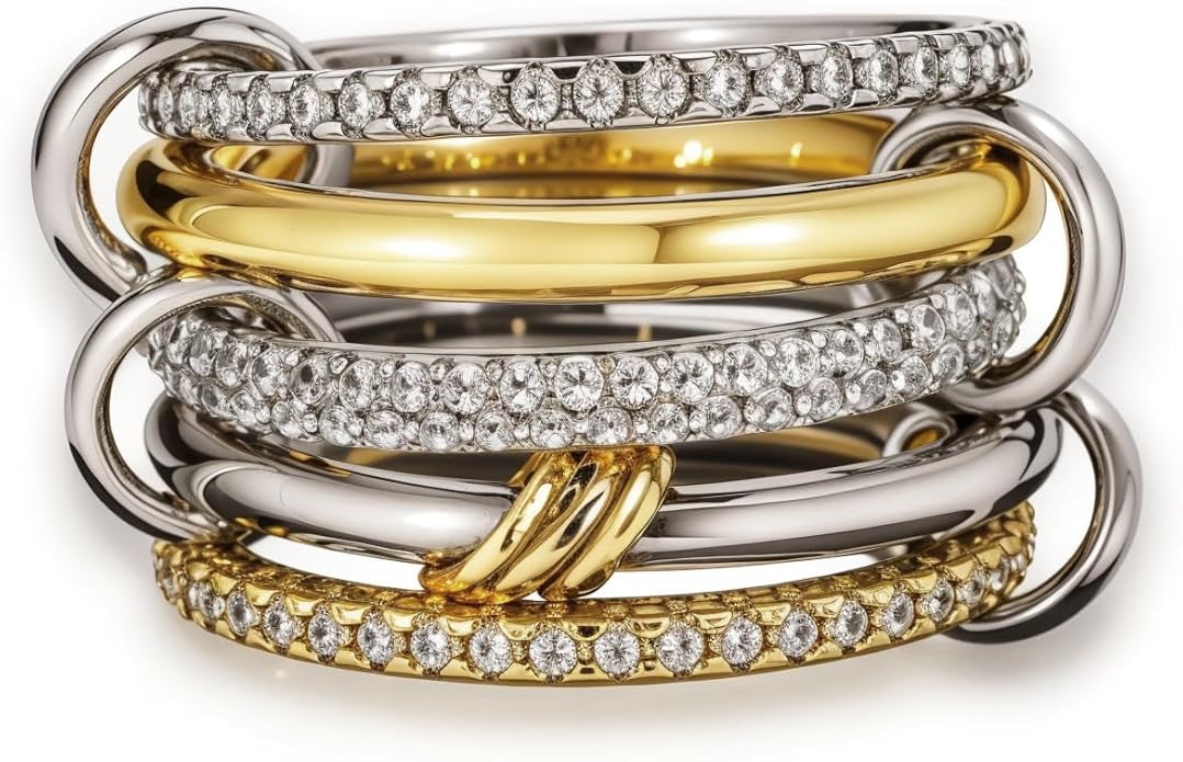 Statement Rings for Women, 18k Gold Plated Stackable Cubic Zirconia Rings, Silver Gold Multi Ring Mixed Metals Stackable Ring Set for Women Non Tarnish