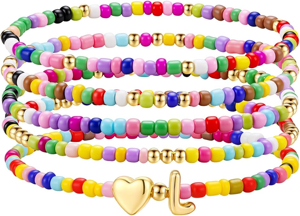 M MOOHAM Valentines Gifts for Kids - 5PCS Colorful Beaded Initial Bracelets for Girls Women Cute Stretch Heart Letter Bracelet Initial Stackable Bracelet Birthday Gift Jewelry for Kids Teen Girl