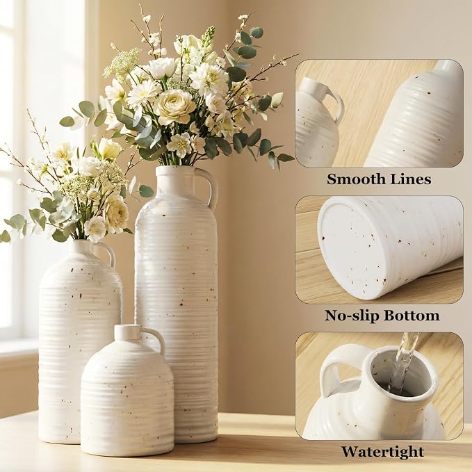 Firehold Ceramic Vase Set of 3 w/Handles, Rustic Farmhouse White Decor Vase | - Image 8