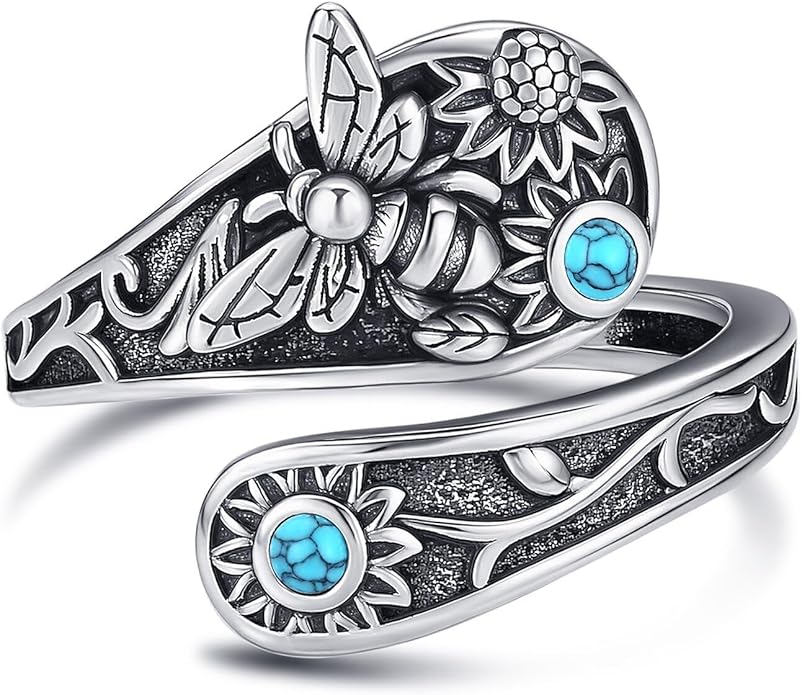 MONGAS Bee Ring Sterling Silver Created Turquoise Adjustable Spoon Ring Vintage Bee Jewelry Gifts for Women