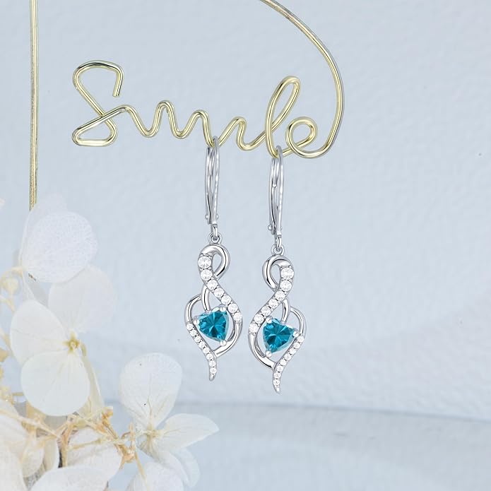 Infinity Heart Dangle Drop Earrings for Women, 925 Sterling Silver Birthstone Leverback Earrings, Birthday Anniversary Valentines Day Jewelry Gifts for Women Mom Her