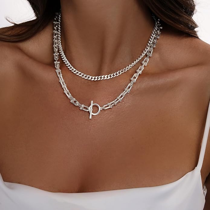 Gold Necklace for Women Layered 14k Plated Tendy Chunky Gold Necklace Cuban Link Choker Paperclip Chain Stackable OT Toggle Clasp Hypoallergenic Fashion Chunky Statement Jewelry Gifts for Women
