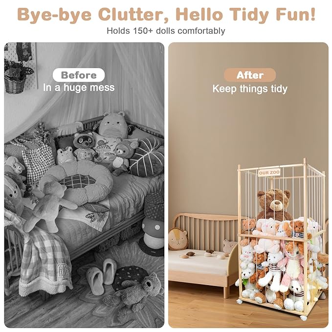 Stuffed Animal Zoo Storage Cage Wooden, Space Save Toy Organizer, Extra Large Capacity Plush Toy Cage,Stuffed Animal Holder, Perfect for Gift for Nursery PlayRoom Bedroom KidRoom Chirstmas Gift