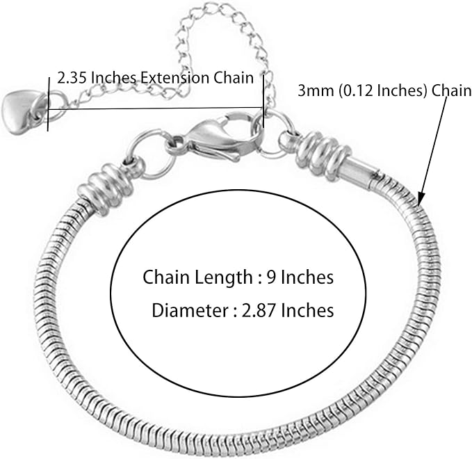 TGLS Women European Charm Bracelet Stainless Steel 3mm Snake Chain Bracelet Fits Standard Charms Bead 9"+2.35" Chain