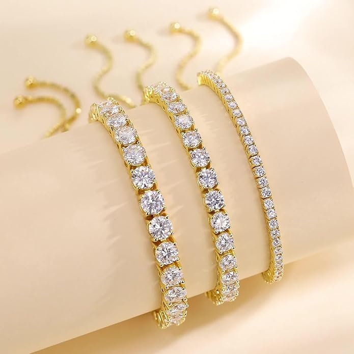 4 Carats 3mm Moissanite Bolo Tennis Bracelet,Adjustable Bolo Simulated Diamond Bracelets,18K Yellow Gold Plated 925 Sterling Silver,D Color VVS1 Round Brilliant Cut,Gifts for Women