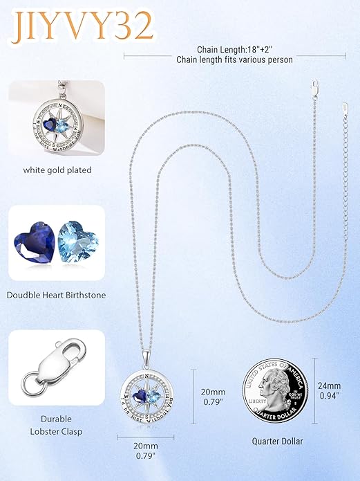 Compass Necklace for Women, Exquisite S925 Valentines Day Anniversary Birthday Gifts for Wife Her Double Birthstone Pendant Jewelry ‘I'd be Lost Without You’