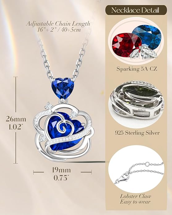 FANCIME Thornless Pulse Heart Birthstone Necklace for Women Sterling Silver Rose Pendant Fine Jewelry Gemstone Birthday Valentines Day Gifts for Wife Her