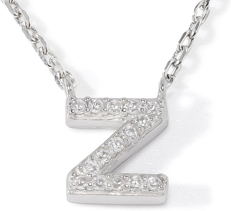 JTV Sterling Silver Initial Necklace for Women, 0.13 CTW White Cubic Zirconia Letter Pendant, Rhodium-Plated, Personalized Monogram Jewelry, Gift Box Included, 18”