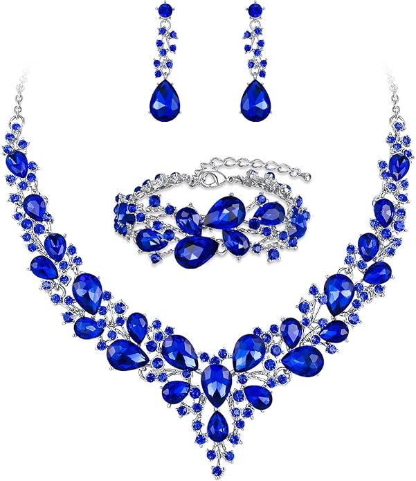 BriLove Wedding Bridal Jewelery for Women Austrian Crystal Teardrop Cluster Statement Necklace Dangle Earrings Link Bracelet Set