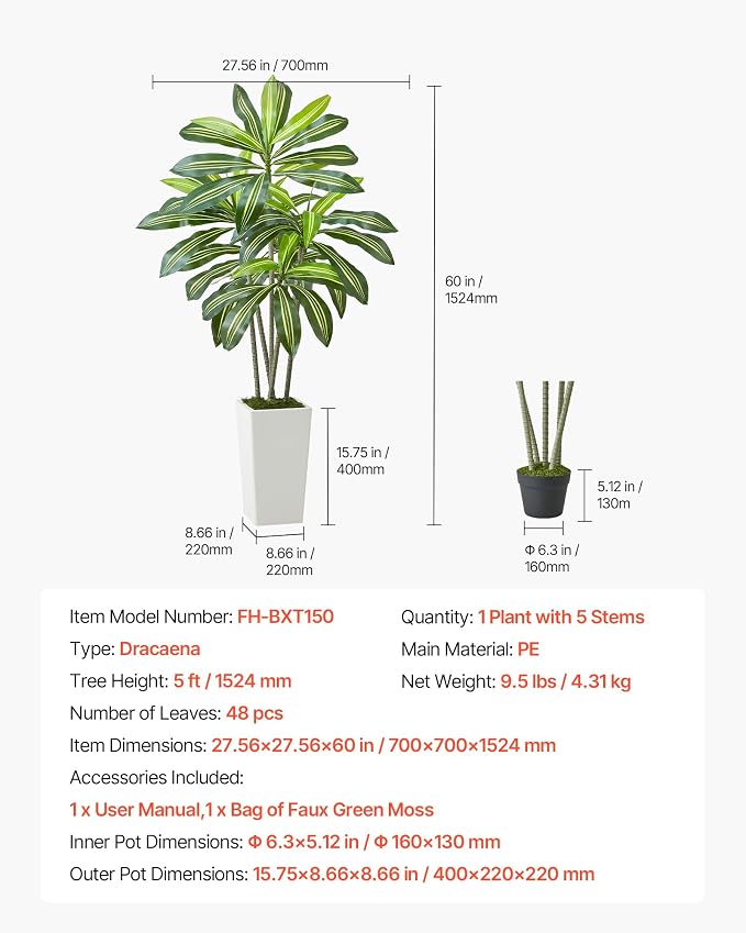 VEVOR Artificial Dracaena Tree 5 ft, Fake Palm Tropical Plants - Image 7