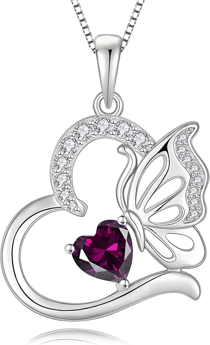 Butterfly Necklace for Women 925 Sterling Silver Heart Pendant Birthstones Jewelry Gift