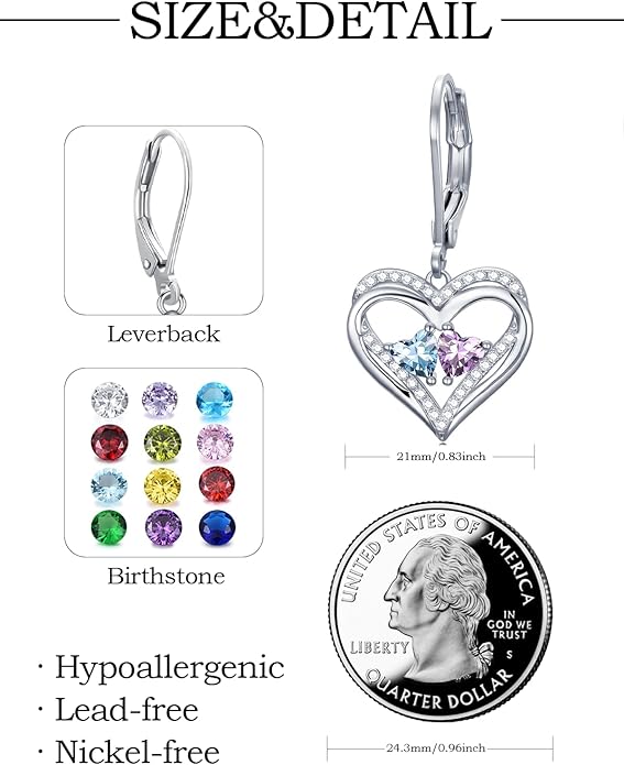 Valentines Day Gifts for Women, Heart Leverback Earrings Double Birthstone Dangle Earrings for Women, Love Jewelry for Her, Anniversary Birthday Gift for Mom Wife Girlfriend