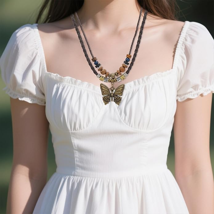Boho Necklace for Women,Vintage Butterfly Pendant Necklaces,Adjustable Wooden Beads Layered Braided Choker,Fashion Tribal Style Leather Rope Necklace Jewelry,Chunky Statement Gift for Women