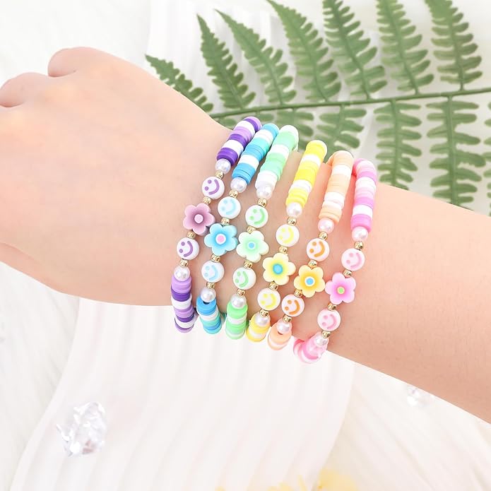 Bohemian Colorful Beaded Bracelets for Women Boho Stackable Natural Stone Letter Clay Glass Beads Stretch Bracelet Set with Charm, Cute Rainbow Friendship Bracelets for Summer Vacation