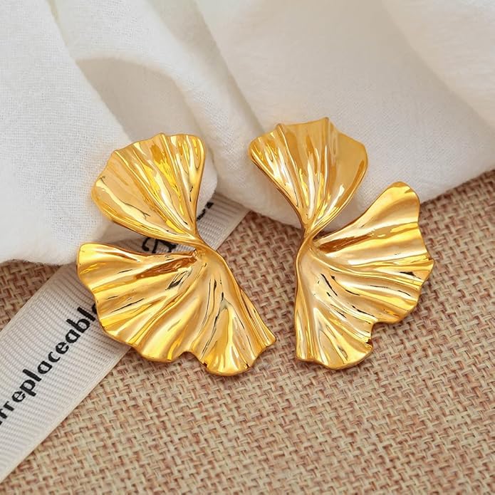 Chunky Gold Statement Earrings For Women Gold Plated Sectored Flower Leaf Shell Angel Wing Earrings Trendy Boho Jewelry For Women Large Stud Earrings Hypoallergenic Earrings