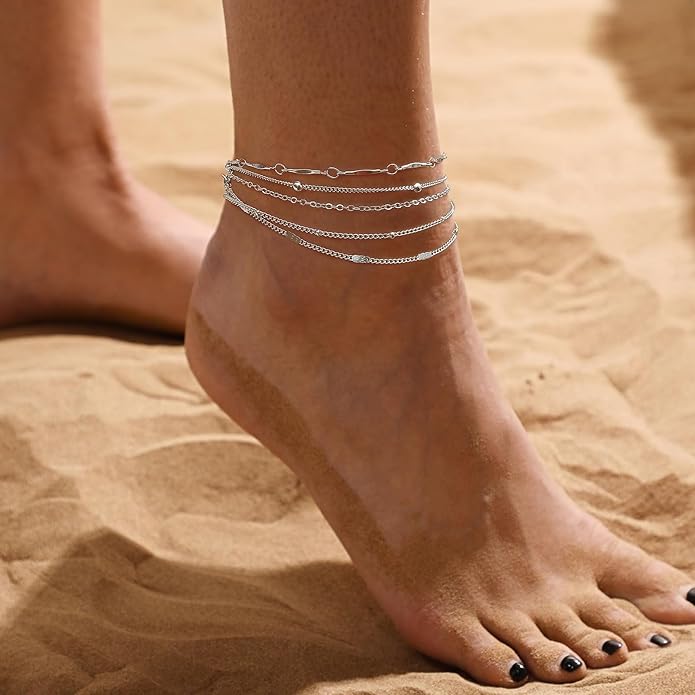 Anklets for Women 14K Gold Silver Plated Ankle Bracelets Trendy Waterproof Boho Anklets Set Adjustable Dainty Cute Diamond Beaded Heart Non Tarnish Summer Beach Jewelry Gift