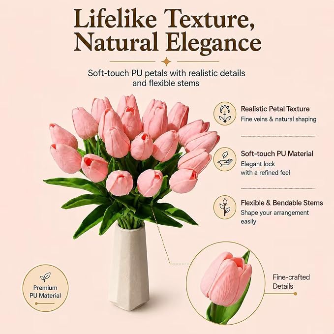 Mandy's 20pcs Artificial Light Pink Tulips | 13.5 Inch Lifelike PU Tulips Faux - Image 2