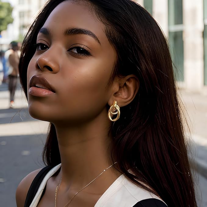 Chunky Gold/Silver Earrings for Women Knot Link Circle Statement Geometric Drop Dangle Earrings Studs Trendy Jewelry (Oval-Knot Earrings)