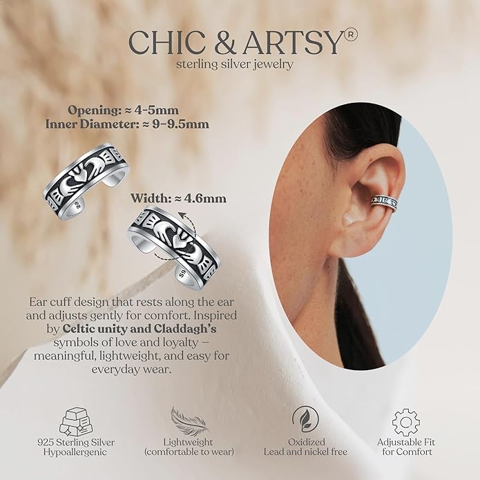 CHIC & ARTSY 925 Sterling Silver Ear Cuffs for Women, Non Piercing Clip On Cartilage Cuffs, Adjustable Fake Conch & Helix Earrings, Gold Plated & Oxidized Various Styles