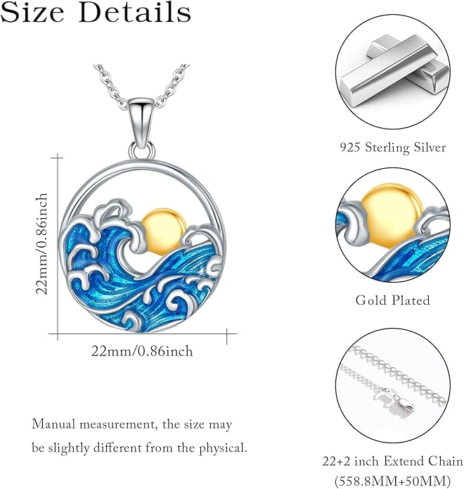 Natural Necklace for Women 925 Sterling Silver Mountain/Wave Pendant Necklace Nature Jewelry Gift for Women