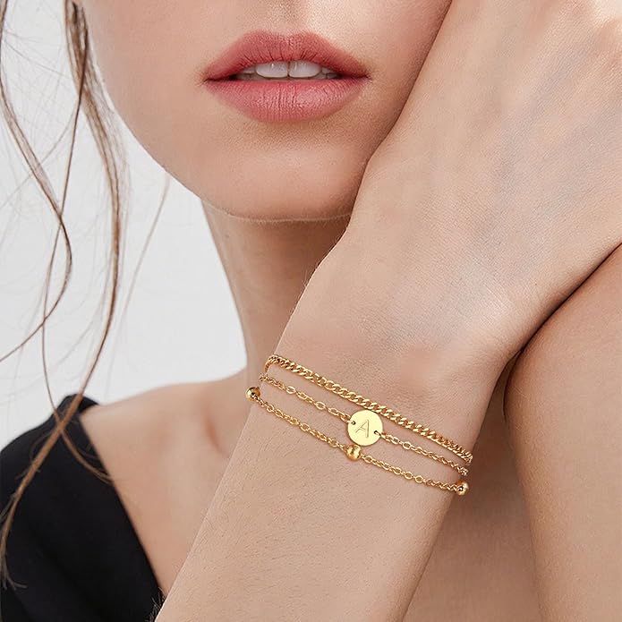 Valentines Day Gifts - A to Z Layered Initial Bracelets for Women - 18K Gold Plated on Stainless Steel Letter Charm Bracelet - Gold Jewelry Gifts for Birthday Christmas