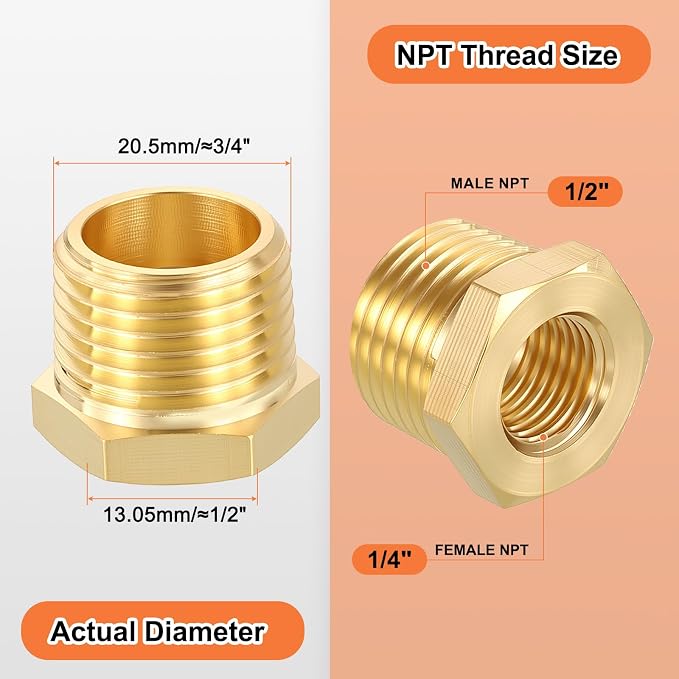 6 Pack Male to FeMale Adapters, 1/2" Male NPT x 1/4" FeMale NPT Brass Hex - Image 2